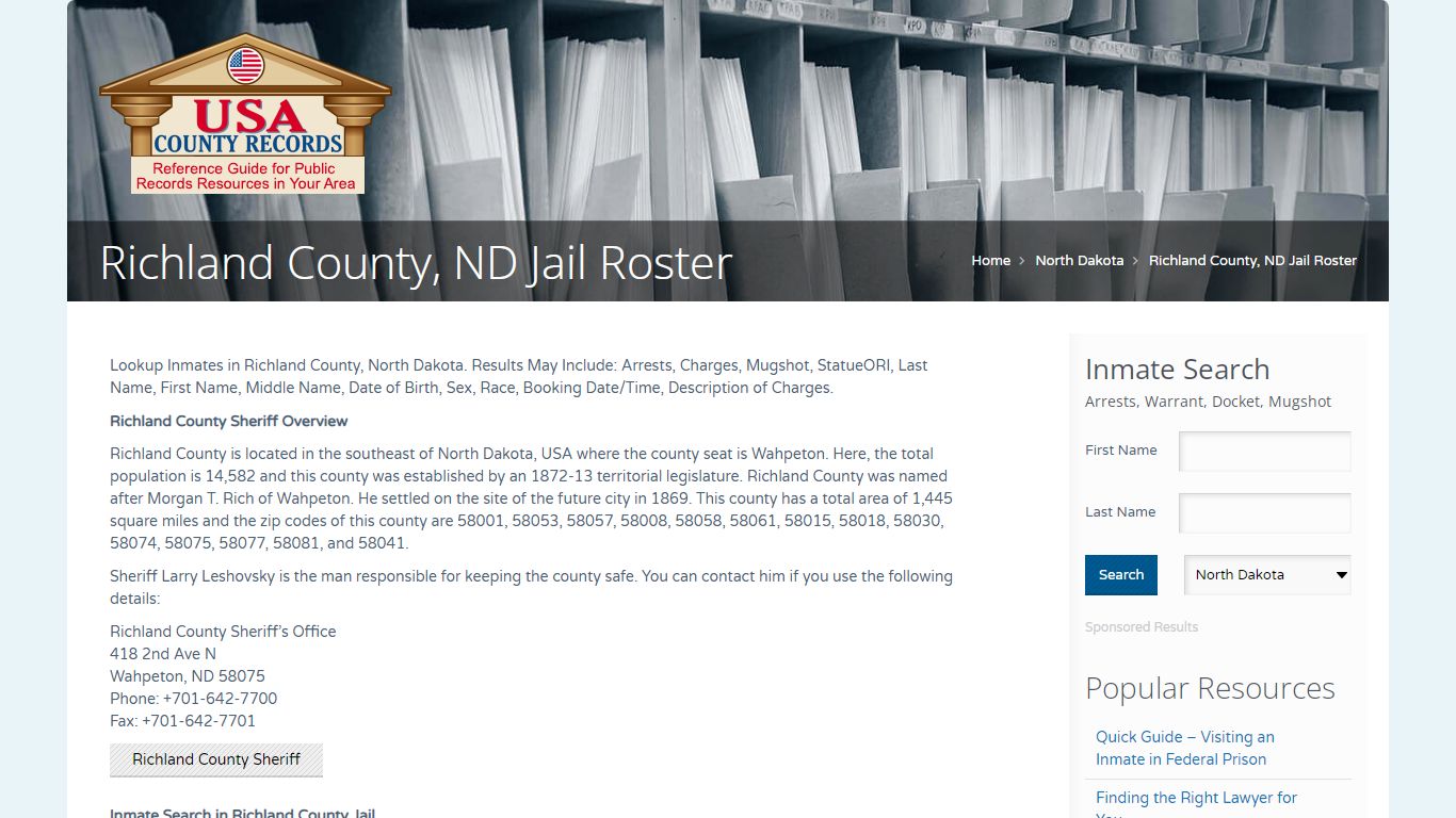 Richland County, ND Jail Roster | Name Search
